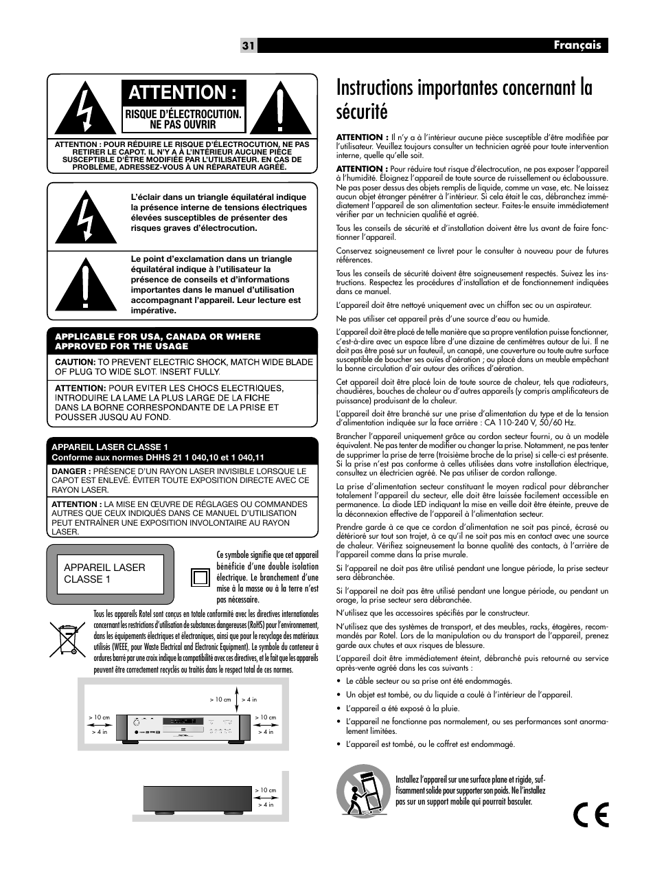 Instructions importantes concernant la sécurité, Attention, Risque d’électrocution. ne pas ouvrir | Français | ROTEL DVD Audio/Video Player RDV-1093 User Manual | Page 31 / 104