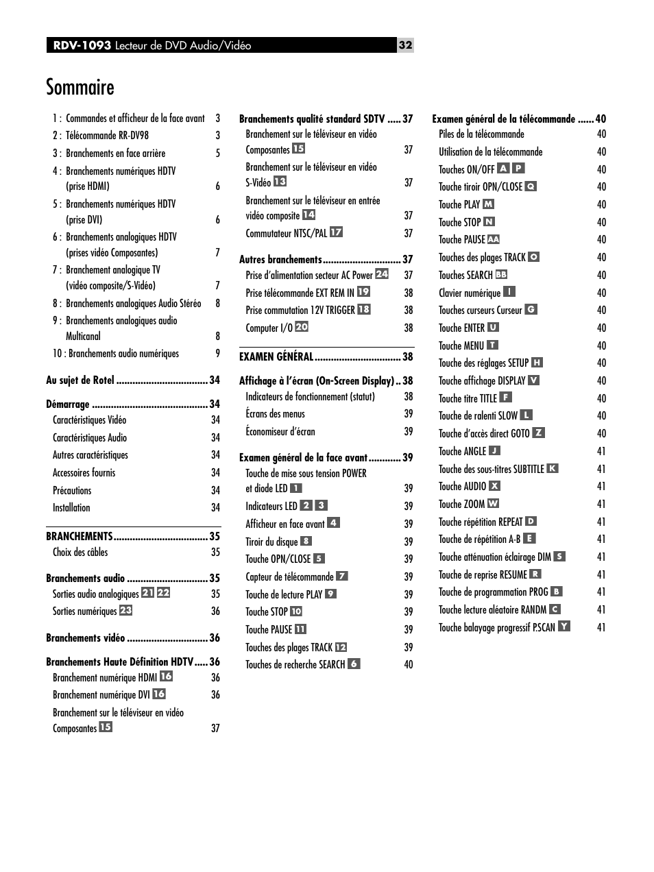 Sommaire | ROTEL DVD Audio/Video Player RDV-1093 User Manual | Page 32 / 104