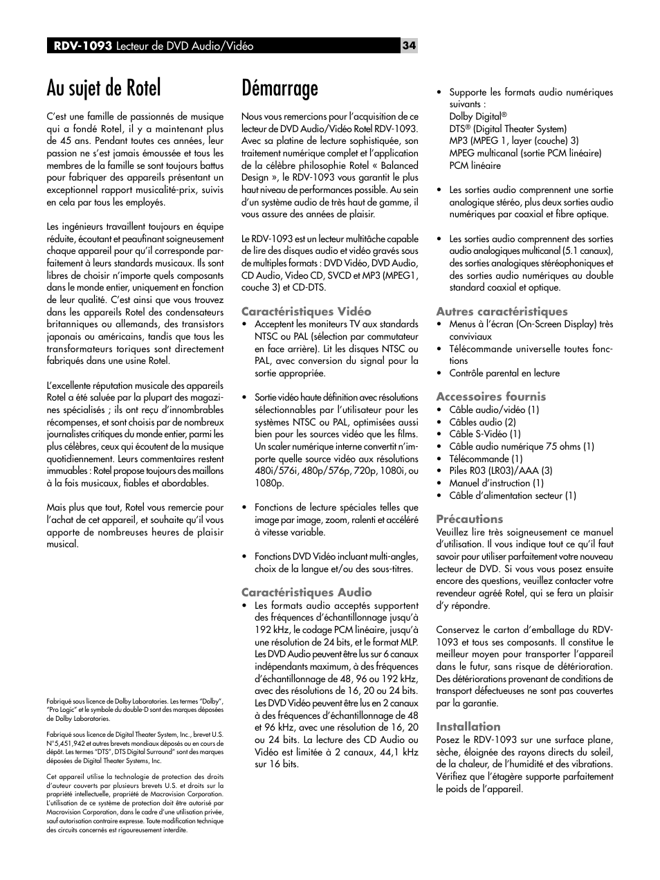 Au sujet de rotel, Démarrage, Caractéristiques vidéo | Caractéristiques audio, Autres caractéristiques, Accessoires fournis, Précautions, Installation | ROTEL DVD Audio/Video Player RDV-1093 User Manual | Page 34 / 104