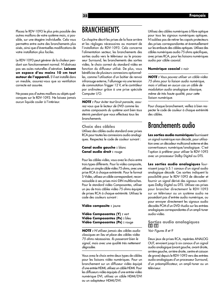 Branchements, Choix des câbles, Branchements audio | Sorties audio analogiques | ROTEL DVD Audio/Video Player RDV-1093 User Manual | Page 35 / 104
