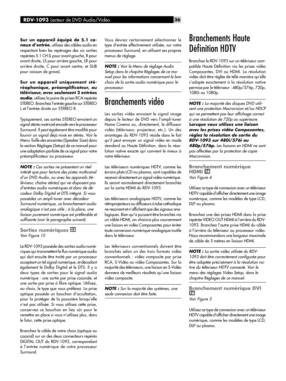 Sorties numériques, Branchements vidéo, Branchements haute déﬁnition hdtv | Branchement numérique hdmi, Branchement numérique dvi | ROTEL DVD Audio/Video Player RDV-1093 User Manual | Page 36 / 104