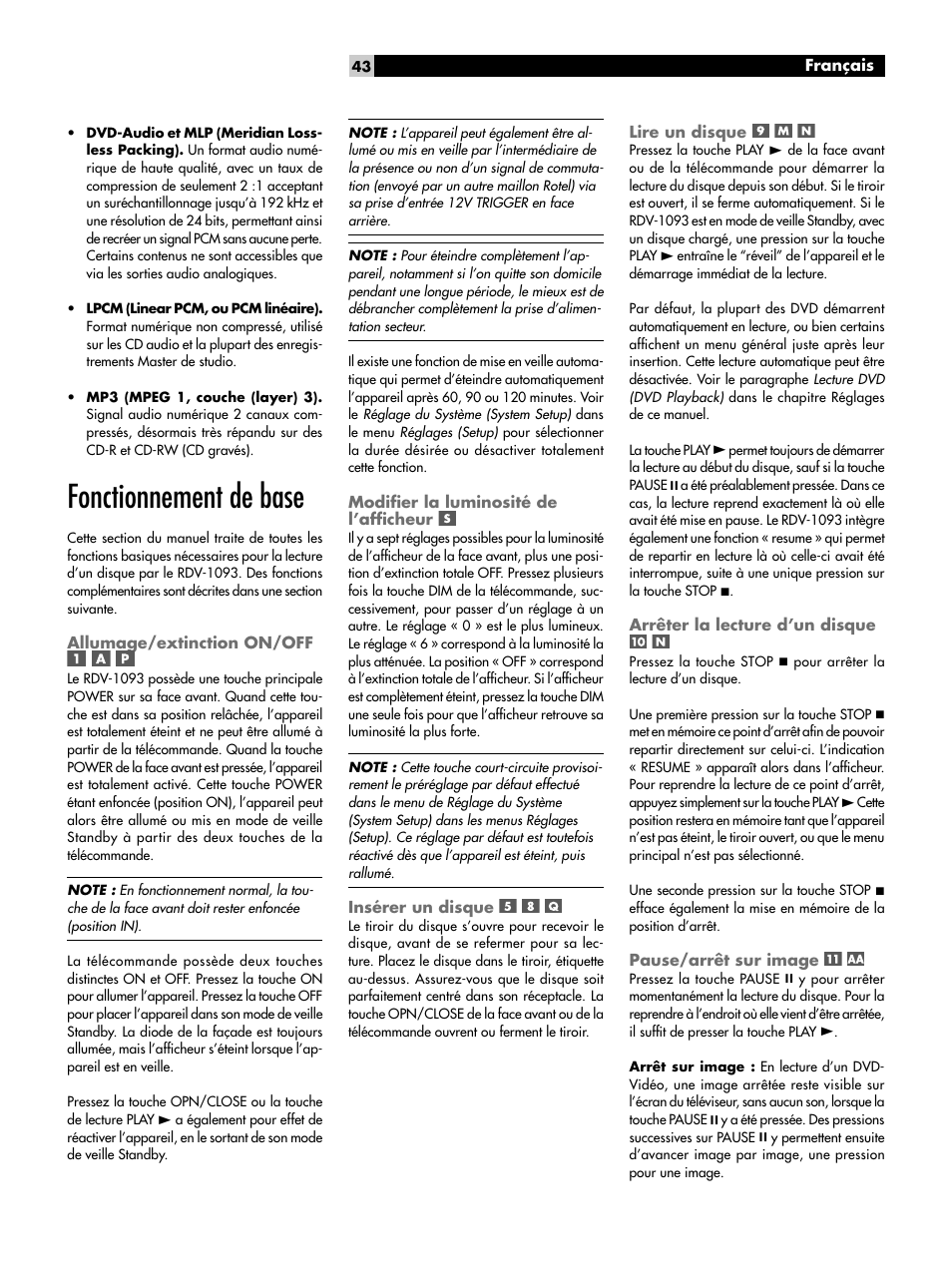 Fonctionnement de base, Insérer un disque, Lire un disque | Arrêter la lecture d’un disque, Pause/arrêt sur image | ROTEL DVD Audio/Video Player RDV-1093 User Manual | Page 43 / 104