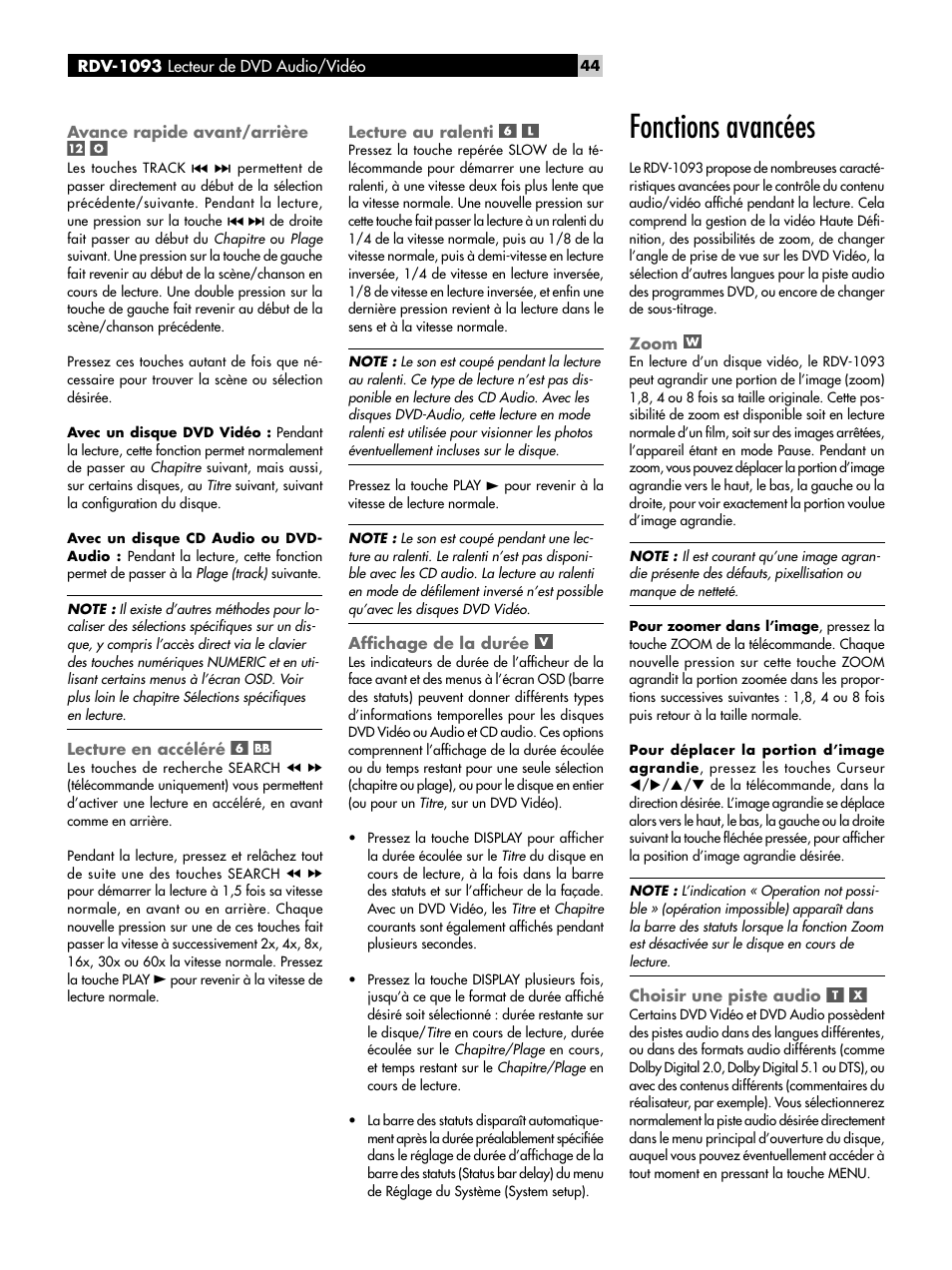 Avance rapide avant/arrière, Lecture en accéléré, Lecture au ralenti | Afﬁchage de la durée, Fonctions avancées, Zoom, Choisir une piste audio | ROTEL DVD Audio/Video Player RDV-1093 User Manual | Page 44 / 104