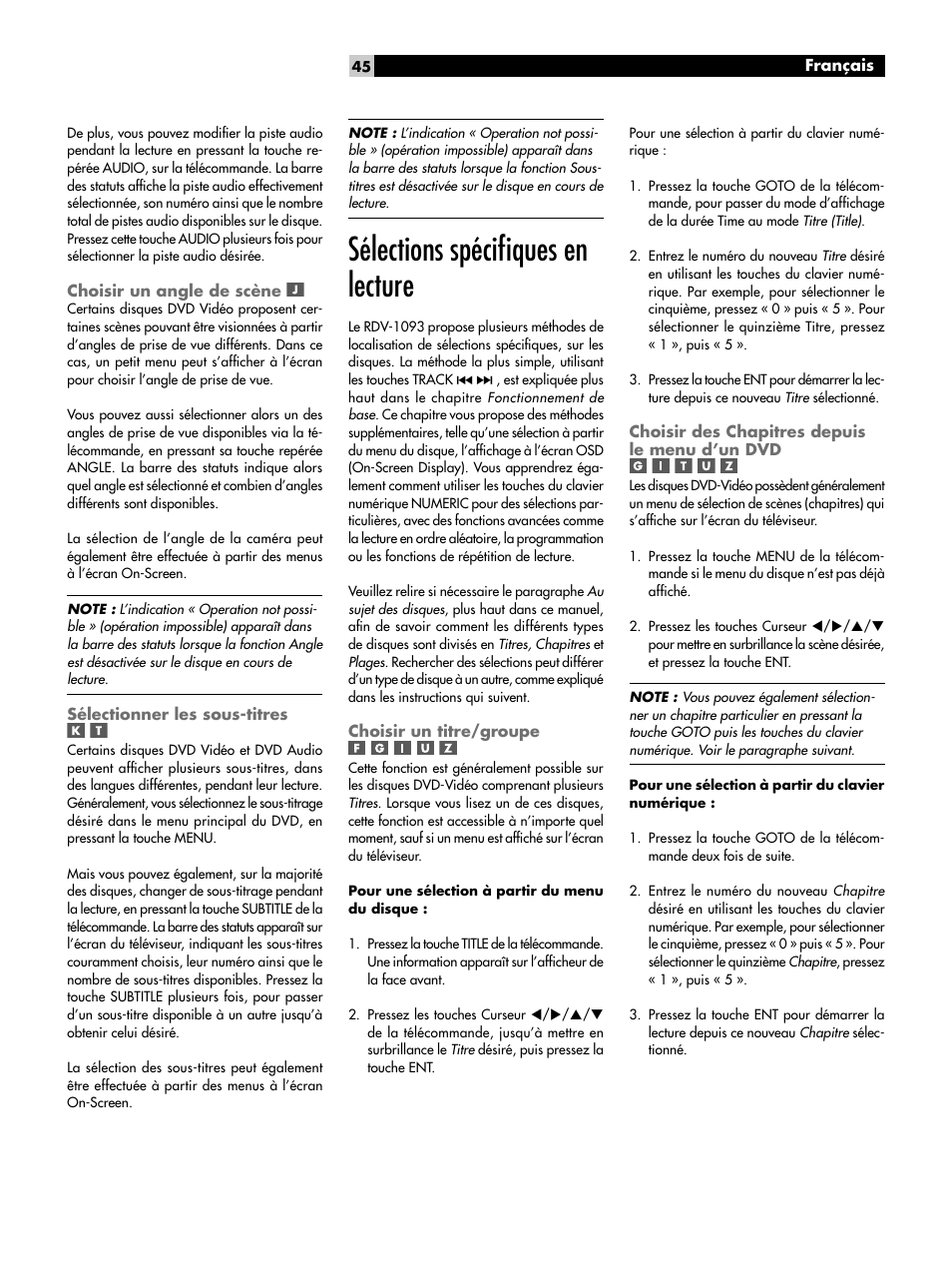 Choisir un angle de scène, Sélectionner les sous-titres, Sélections spéciﬁques en lecture | ROTEL DVD Audio/Video Player RDV-1093 User Manual | Page 45 / 104