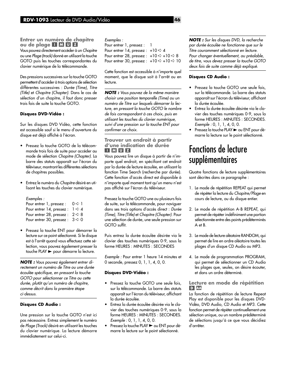 Entrer un numéro de chapitre ou de plage, Trouver un endroit à partir d’une indication, De durée | Fonctions de lecture supplémentaires, Lecture en mode de répétition | ROTEL DVD Audio/Video Player RDV-1093 User Manual | Page 46 / 104