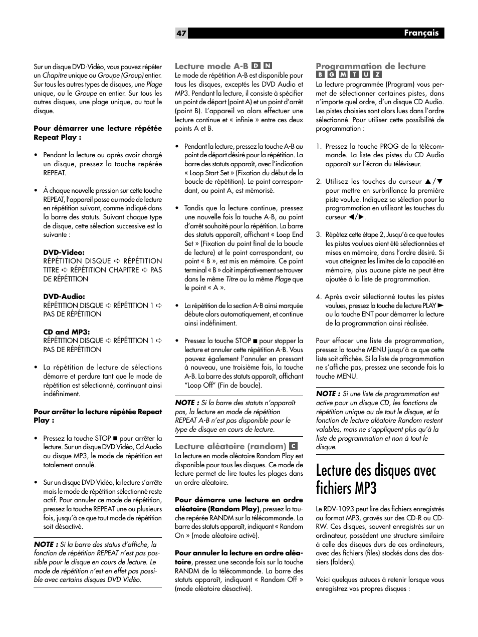 Lecture mode a-b, Lecture aléatoire (random), Programmation de lecture | Lecture des disques avec ﬁchiers mp3 | ROTEL DVD Audio/Video Player RDV-1093 User Manual | Page 47 / 104