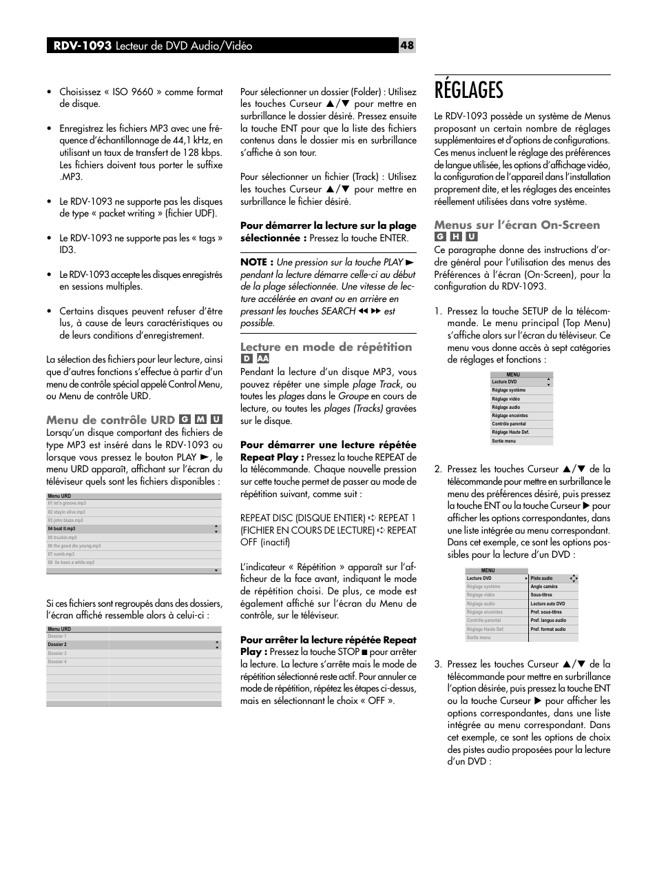 Menu de contrôle urd, Lecture en mode de répétition, Réglages | Menus sur l’écran on-screen, Rdv-1093 lecteur de dvd audio/vidéo | ROTEL DVD Audio/Video Player RDV-1093 User Manual | Page 48 / 104