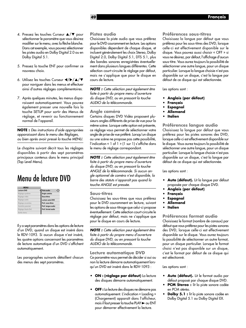 Menu de lecture dvd, Pistes audio, Angle caméra | Sous-titres, Lecture automatique dvd, Préférences sous-titres, Préférences langue audio, Préférences format audio | ROTEL DVD Audio/Video Player RDV-1093 User Manual | Page 49 / 104