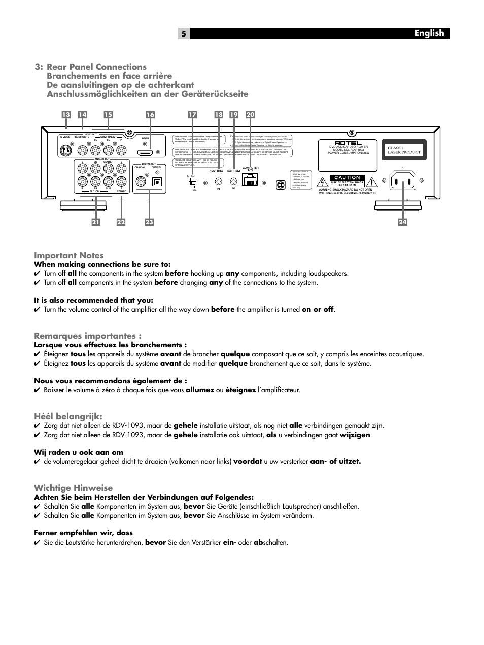 Remarques importantes, Héél belangrijk, Wichtige hinweise | When making connections be sure to, Lorsque vous effectuez les branchements | ROTEL DVD Audio/Video Player RDV-1093 User Manual | Page 5 / 104