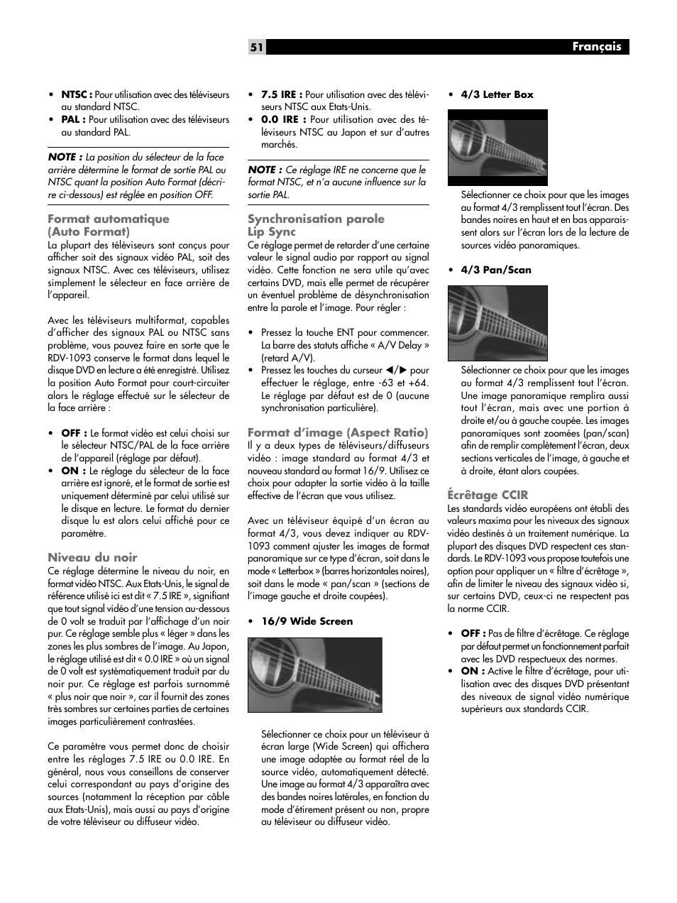 Format automatique (auto format), Niveau du noir, Synchronisation parole lip sync | Format d’image (aspect ratio), Écrêtage ccir | ROTEL DVD Audio/Video Player RDV-1093 User Manual | Page 51 / 104