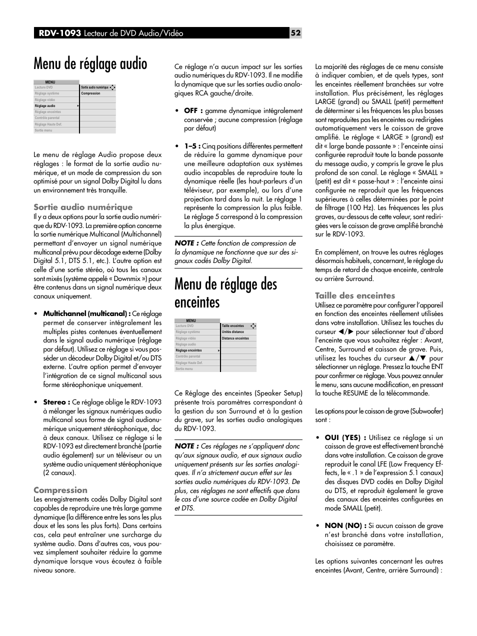 Menu de réglage audio, Sortie audio numérique, Compression | Menu de réglage des enceintes, Taille des enceintes, Rdv-1093 lecteur de dvd audio/vidéo | ROTEL DVD Audio/Video Player RDV-1093 User Manual | Page 52 / 104