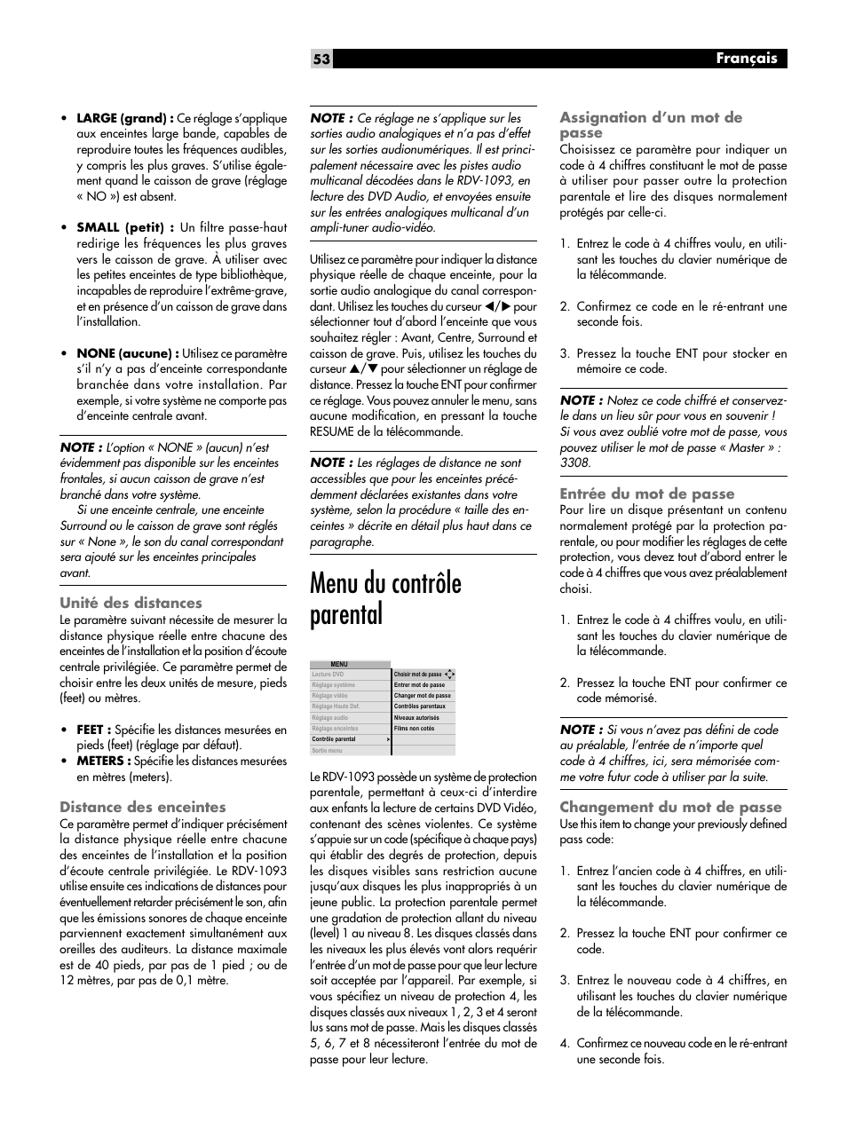 Unité des distances, Distance des enceintes, Menu du contrôle parental | Assignation d’un mot de passe, Entrée du mot de passe, Changement du mot de passe | ROTEL DVD Audio/Video Player RDV-1093 User Manual | Page 53 / 104