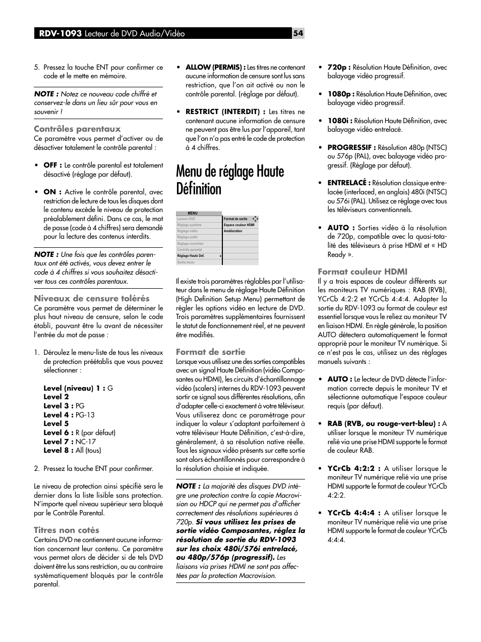 Contrôles parentaux, Niveaux de censure tolérés, Titres non cotés | Menu de réglage haute déﬁnition, Format de sortie, Format couleur hdmi | ROTEL DVD Audio/Video Player RDV-1093 User Manual | Page 54 / 104