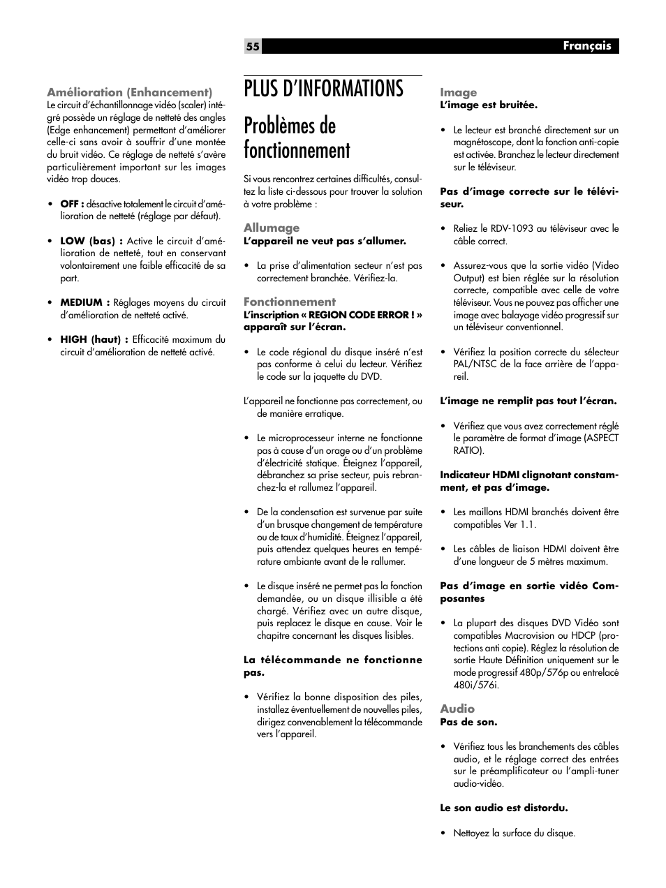 Amélioration (enhancement), Plus d’informations, Problèmes de fonctionnement | Allumage, Fonctionnement, Image, Audio, Plus d’informations problèmes de fonctionnement | ROTEL DVD Audio/Video Player RDV-1093 User Manual | Page 55 / 104