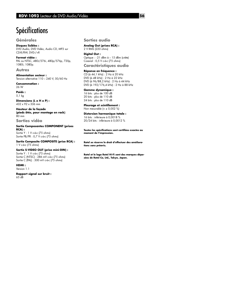 Spéciﬁcations, Générales, Autres | Sorties vidéo, Sorties audio, Caractéristiques audio, Rdv-1093 lecteur de dvd audio/vidéo | ROTEL DVD Audio/Video Player RDV-1093 User Manual | Page 56 / 104