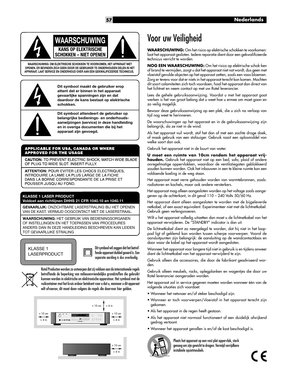 Voor uw veiligheid, Waarschuwing, Kans op elektrische schokken – niet openen | ROTEL DVD Audio/Video Player RDV-1093 User Manual | Page 57 / 104