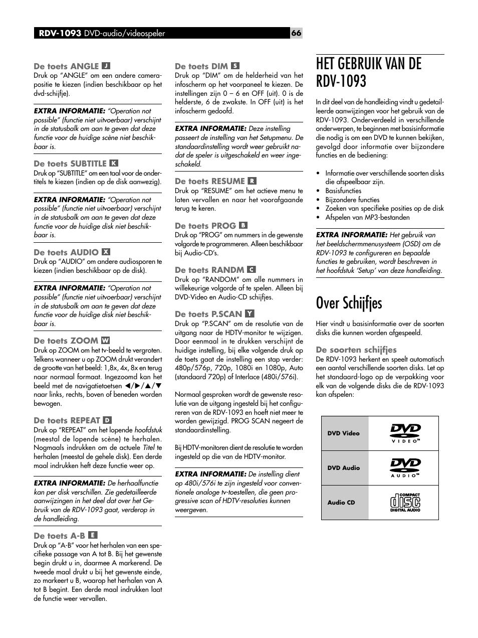 De toets angle, De toets subtitle, De toets audio | De toets zoom, De toets repeat, De toets a-b, De toets dim, De toets resume, De toets prog, De toets randm | ROTEL DVD Audio/Video Player RDV-1093 User Manual | Page 66 / 104