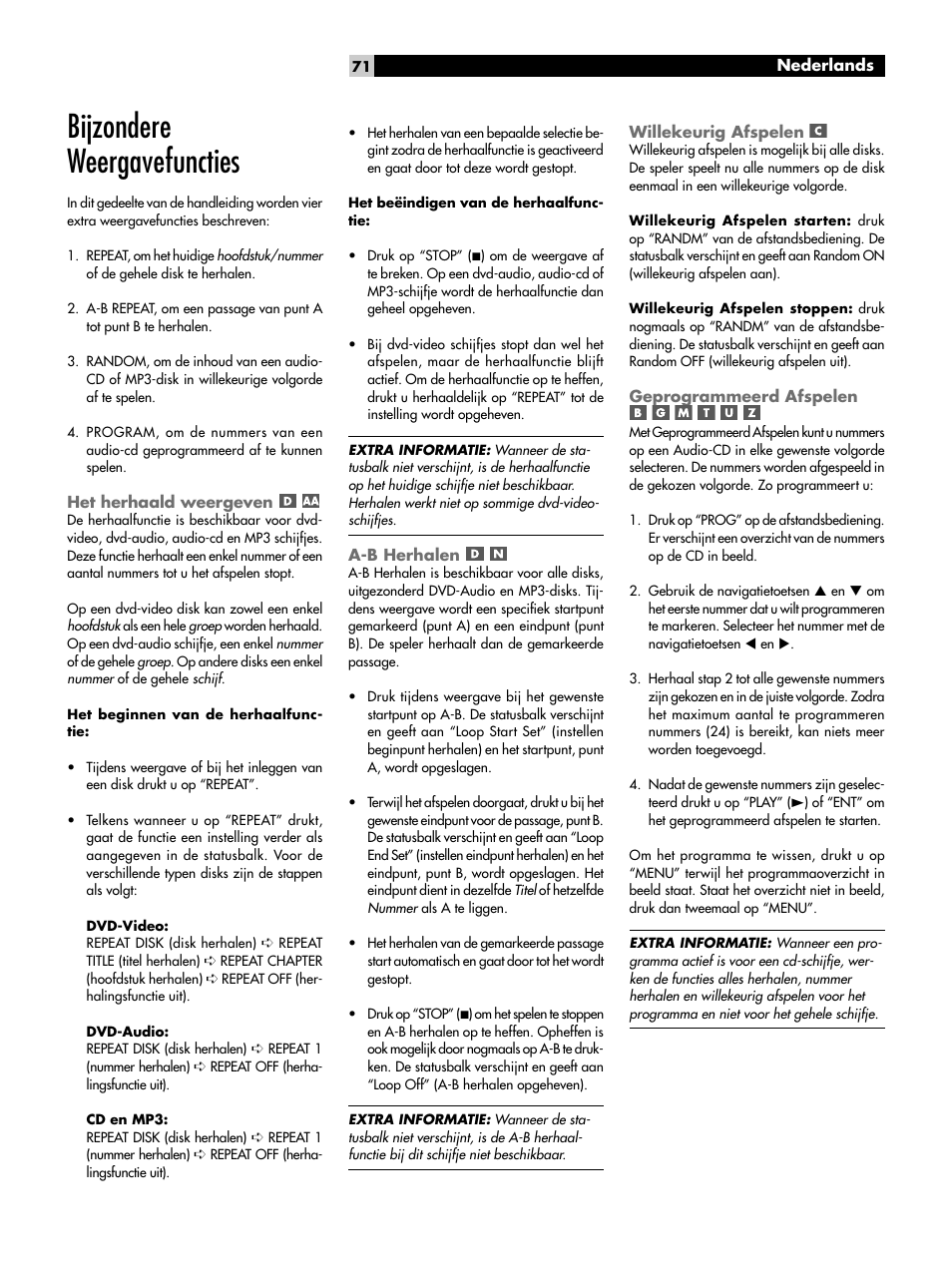 Bijzondere weergavefuncties, Het herhaald weergeven, A-b herhalen | Willekeurig afspelen, Geprogrammeerd afspelen | ROTEL DVD Audio/Video Player RDV-1093 User Manual | Page 71 / 104
