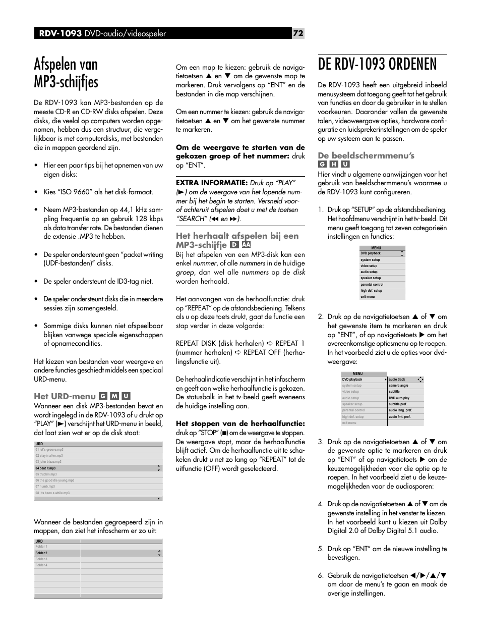 Afspelen van mp3-schijfjes, Het urd-menu, Het herhaalt afspelen bij een mp3-schijfje | De rdv-1093 ordenen, De beeldschermmenu’s | ROTEL DVD Audio/Video Player RDV-1093 User Manual | Page 72 / 104