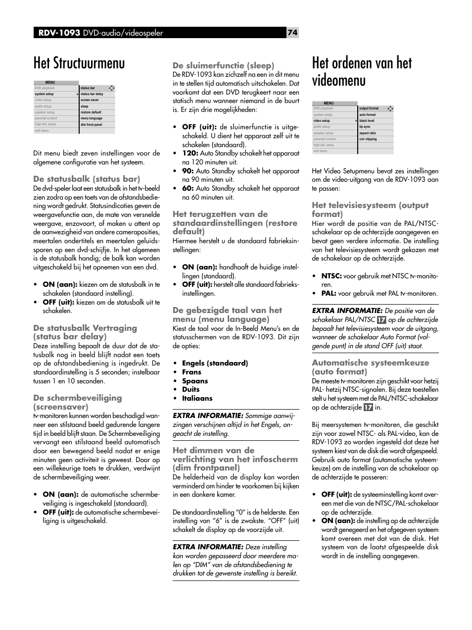 Het structuurmenu, De statusbalk (status bar), De sluimerfunctie (sleep) | De gebezigde taal van het menu (menu language), Het ordenen van het videomenu, Het televisiesysteem (output format), Automatische systeemkeuze (auto format) 74 | ROTEL DVD Audio/Video Player RDV-1093 User Manual | Page 74 / 104