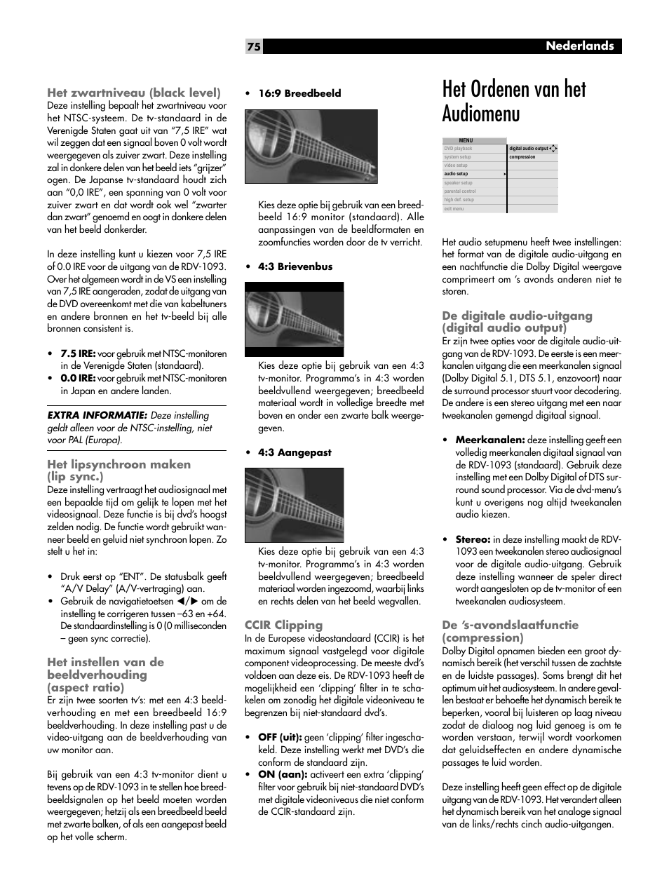 Het zwartniveau (black level), Het lipsynchroon maken (lip sync.), Ccir clipping | Het ordenen van het audiomenu, De digitale audio-uitgang, Digital audio output), De ’s-avondslaatfunctie (compression) | ROTEL DVD Audio/Video Player RDV-1093 User Manual | Page 75 / 104