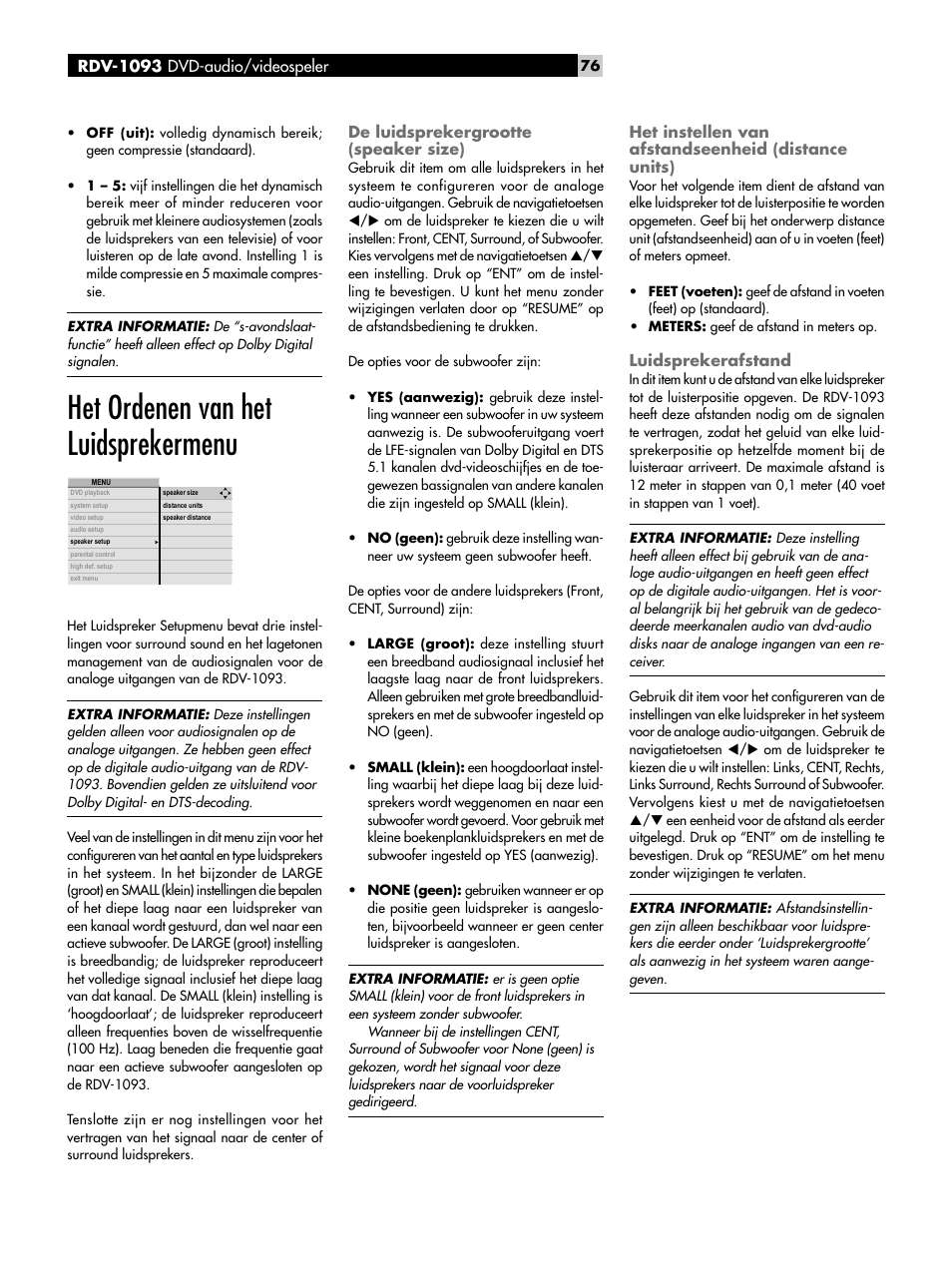 Het ordenen van het luidsprekermenu, De luidsprekergrootte (speaker size), Het instellen van afstandseenheid | Distance units), Luidsprekerafstand | ROTEL DVD Audio/Video Player RDV-1093 User Manual | Page 76 / 104