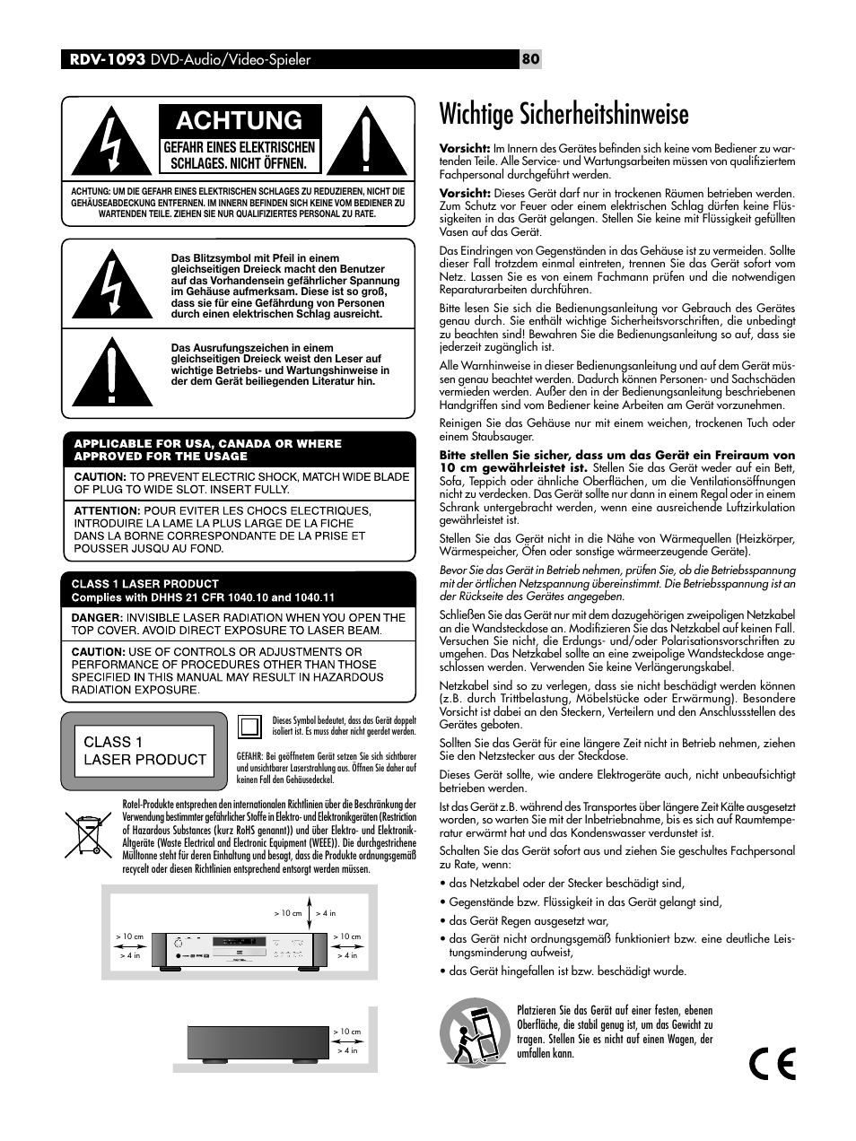 Wichtige sicherheitshinweise, Achtung, Gefahr eines elektrischen schlages. nicht öffnen | Rdv-1093 dvd-audio/video-spieler | ROTEL DVD Audio/Video Player RDV-1093 User Manual | Page 80 / 104