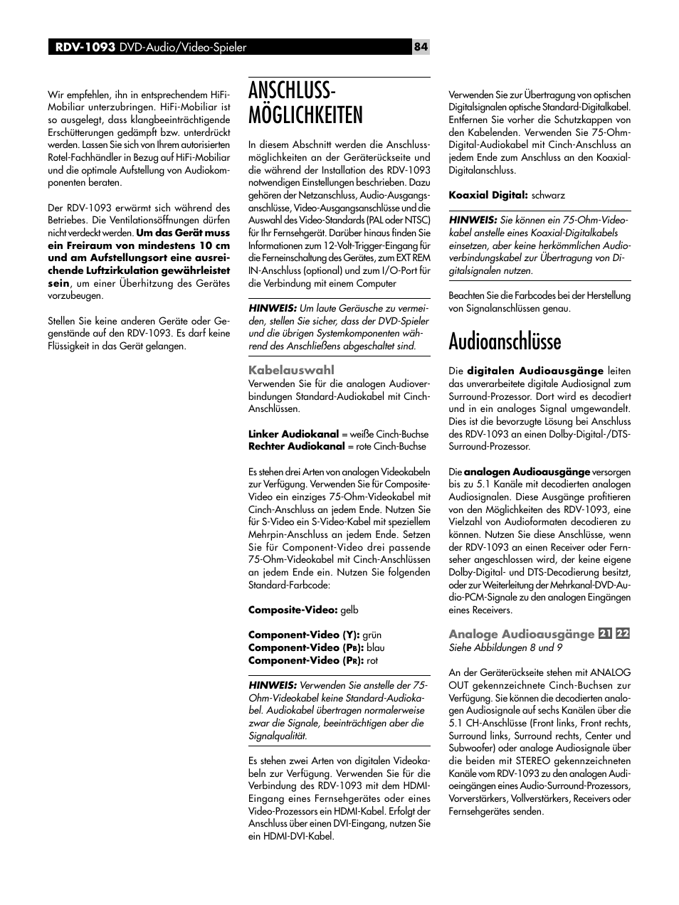Anschlussmöglichkeiten, Kabelauswahl, Audioanschlüsse | Analoge audioausgänge, Anschluss- möglichkeiten | ROTEL DVD Audio/Video Player RDV-1093 User Manual | Page 84 / 104