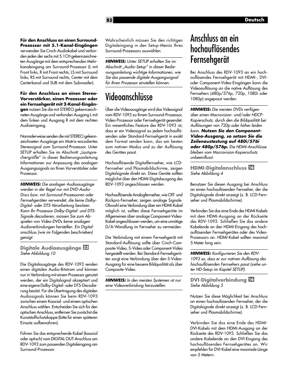 Digitale audioausgänge, Videoanschlüsse, Anschluss an ein hochauﬂösendes fernsehgerät | Hdmi-digitalanschluss, Dvi-digitalverbindung | ROTEL DVD Audio/Video Player RDV-1093 User Manual | Page 85 / 104