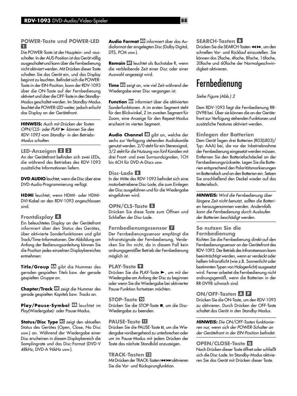 Power-taste und power-led, Led-anzeigen, Frontdisplay | Disc-lade, Opn/cls-taste, Fernbedienungssensor, Play-taste, Stop-taste, Pause-taste, Track-tasten | ROTEL DVD Audio/Video Player RDV-1093 User Manual | Page 88 / 104