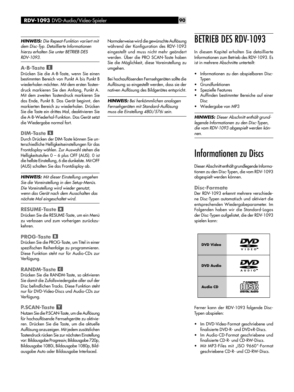 A-b-taste, Dim-taste, Resume-taste | Prog-taste, Randm-taste, P.scan-taste, Betrieb des rdv-1093, Informationen zu discs, Disc-formate | ROTEL DVD Audio/Video Player RDV-1093 User Manual | Page 90 / 104