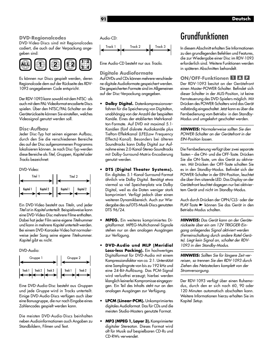 Dvd-regionalcodes, Disc-aufbau, Digitale audioformate | Grundfunktionen, On/off-funktionen | ROTEL DVD Audio/Video Player RDV-1093 User Manual | Page 91 / 104
