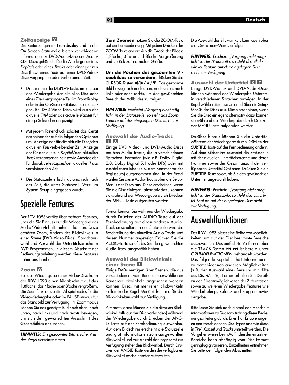 Zeitanzeige, Spezielle features, Zoom | Auswahl der audio-tracks, Auswahl des blickwinkels einer szene, Auswahl der untertitel, Auswahlfunktionen | ROTEL DVD Audio/Video Player RDV-1093 User Manual | Page 93 / 104