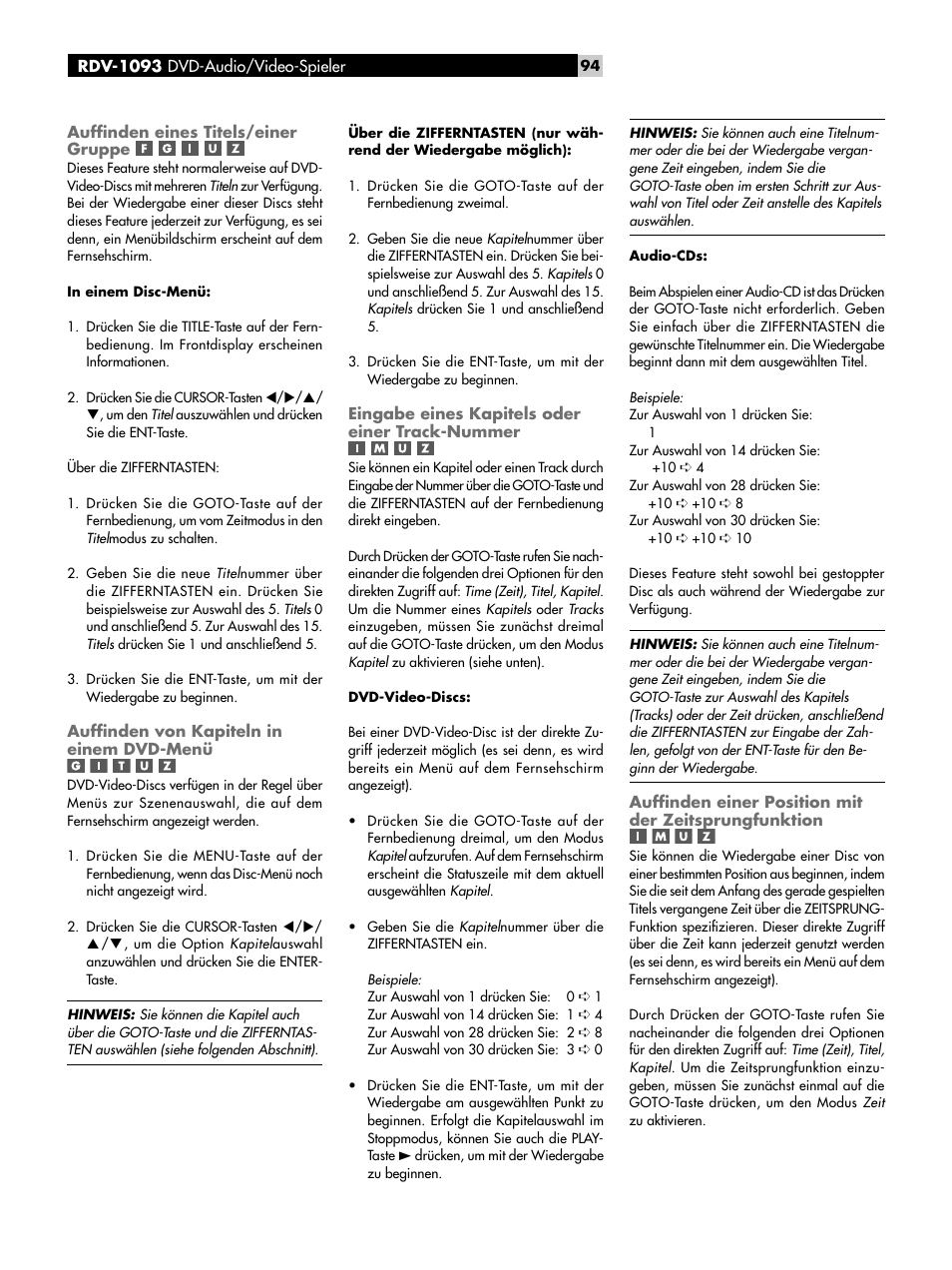 Aufﬁnden eines titels/einer gruppe, Aufﬁnden von kapiteln in einem dvd-menü, Eingabe eines kapitels oder einer | Track-nummer, Aufﬁnden einer position mit der zeitsprungfunktion, Ruhemodus, Menüsprache, Audio, Allgemeines | ROTEL DVD Audio/Video Player RDV-1093 User Manual | Page 94 / 104