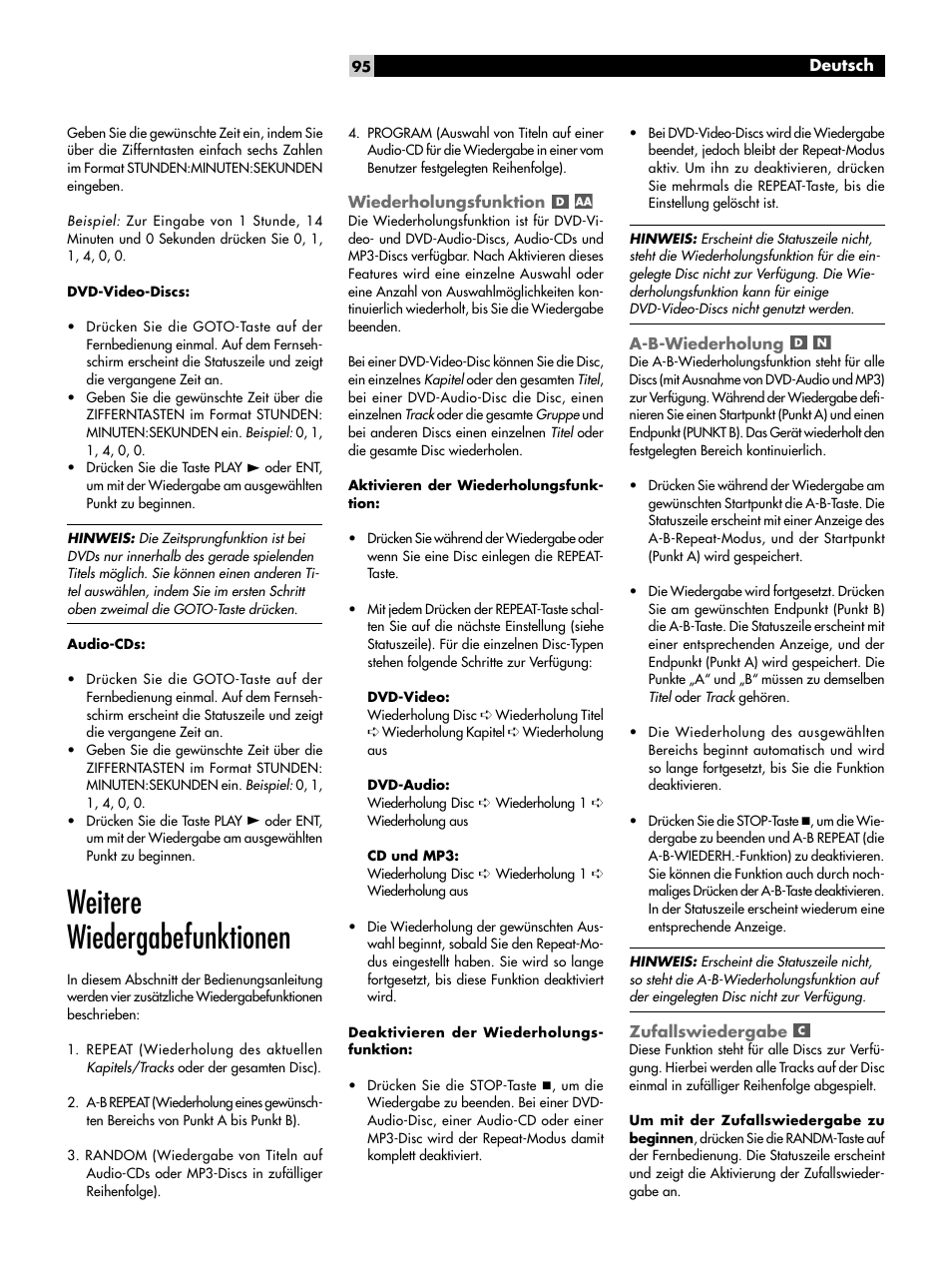 Weitere wiedergabefunktionen, Wiederholungsfunktion, A-b-wiederholung | Zufallswiedergabe | ROTEL DVD Audio/Video Player RDV-1093 User Manual | Page 95 / 104