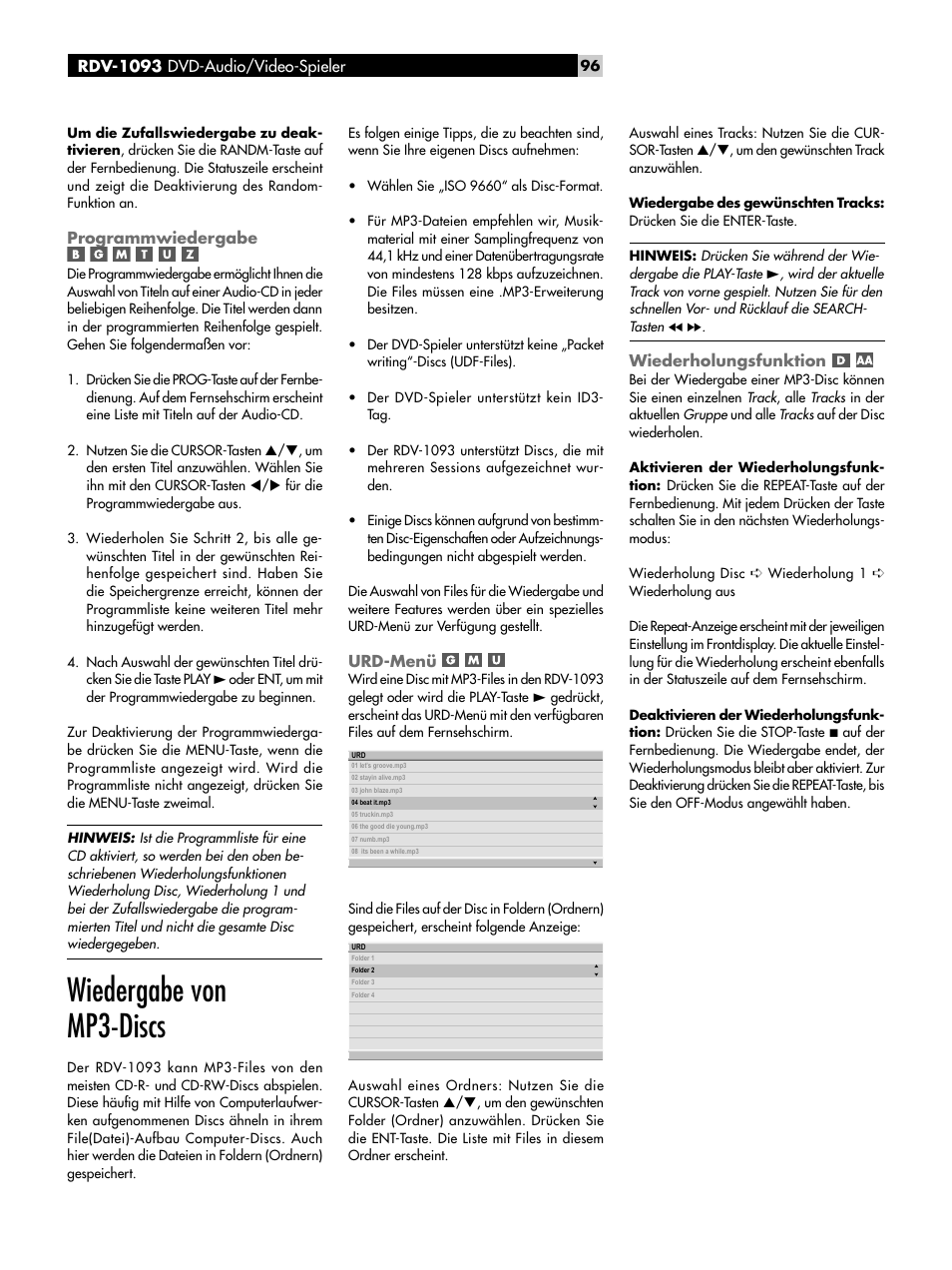 Programmwiedergabe, Wiedergabe von mp3-discs, Urd-menü | Wiederholungsfunktion | ROTEL DVD Audio/Video Player RDV-1093 User Manual | Page 96 / 104