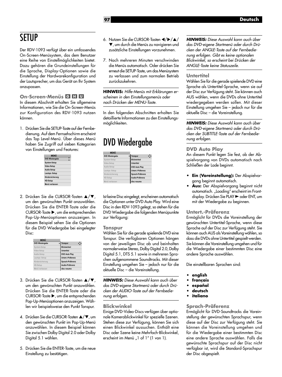 Setup, On-screen-menüs, Dvd wiedergabe | Tonspur, Blickwinkel, Untertitel, Dvd auto play, Untert.-präferenz, Sprach-präferenz, Deutsch | ROTEL DVD Audio/Video Player RDV-1093 User Manual | Page 97 / 104