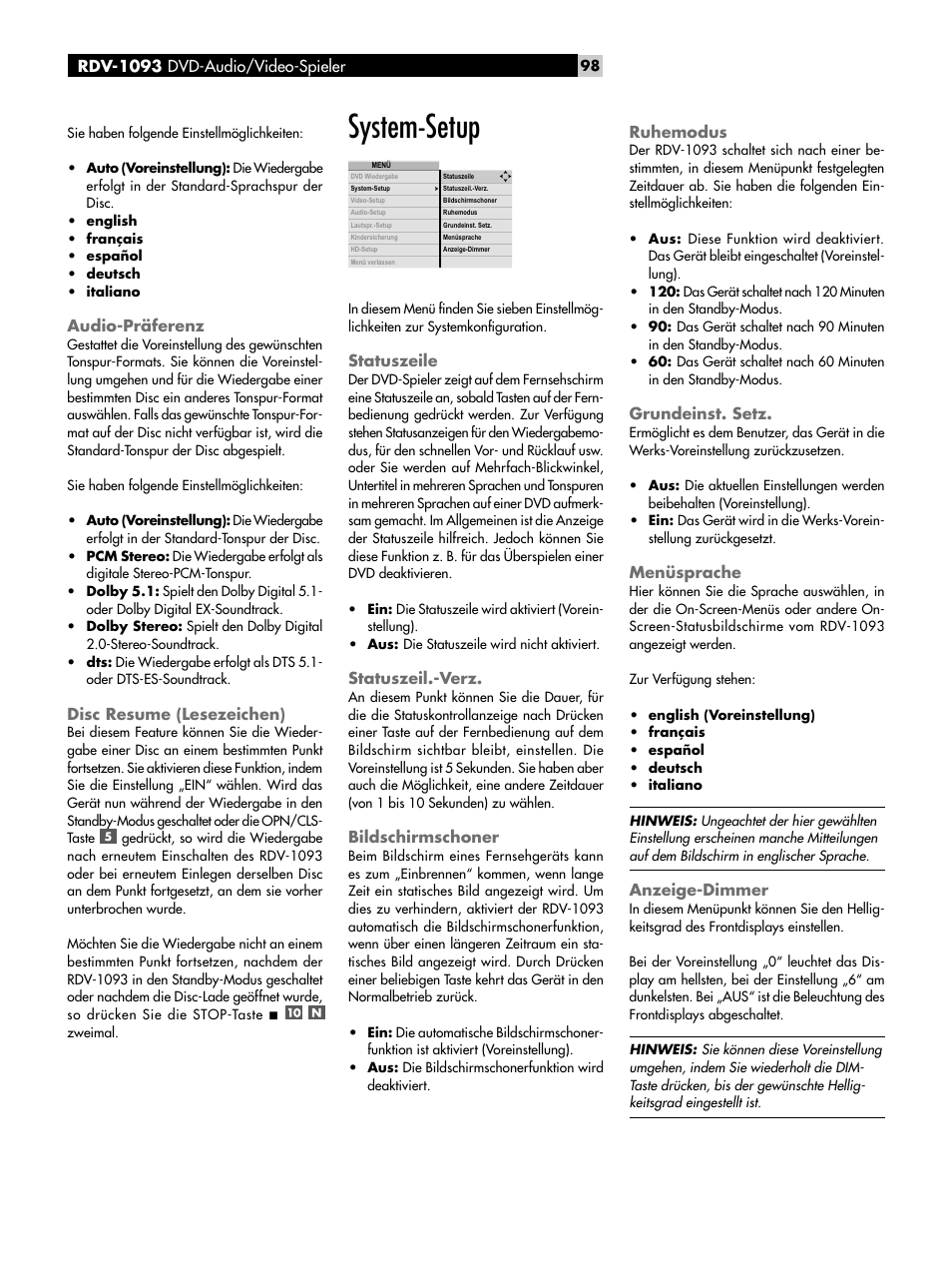 Audio-präferenz, Disc resume (lesezeichen), System-setup | Statuszeile, Statuszeil.-verz, Bildschirmschoner, Grundeinst. setz, Anzeige-dimmer | ROTEL DVD Audio/Video Player RDV-1093 User Manual | Page 98 / 104