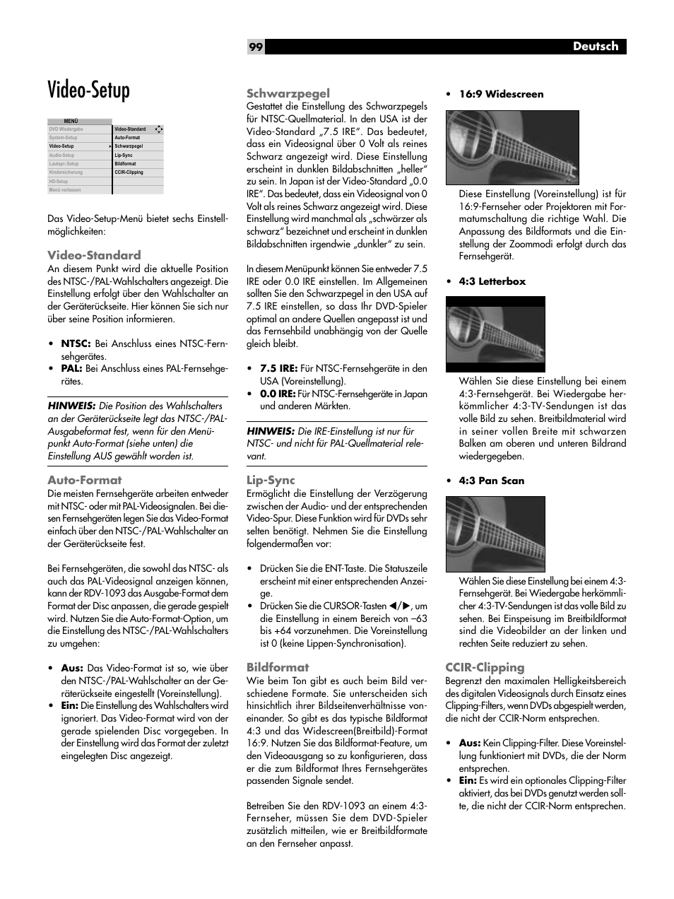 Video-setup, Video-standard, Auto-format | Schwarzpegel, Lip-sync, Bildformat, Ccir-clipping | ROTEL DVD Audio/Video Player RDV-1093 User Manual | Page 99 / 104