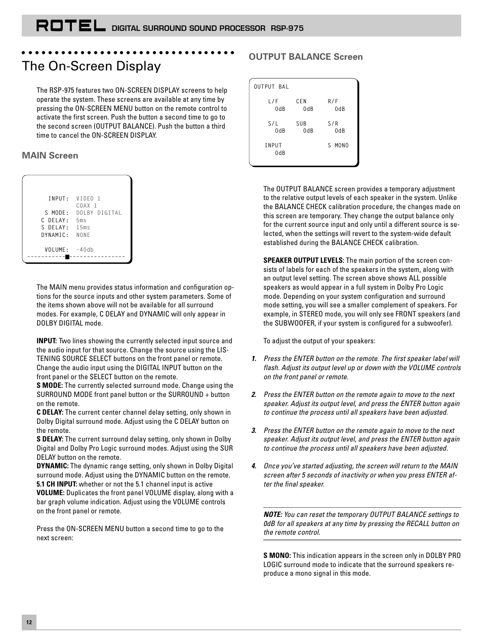 The on-screen display, Main screen, Output balance screen | ROTEL RSP-975 User Manual | Page 12 / 16