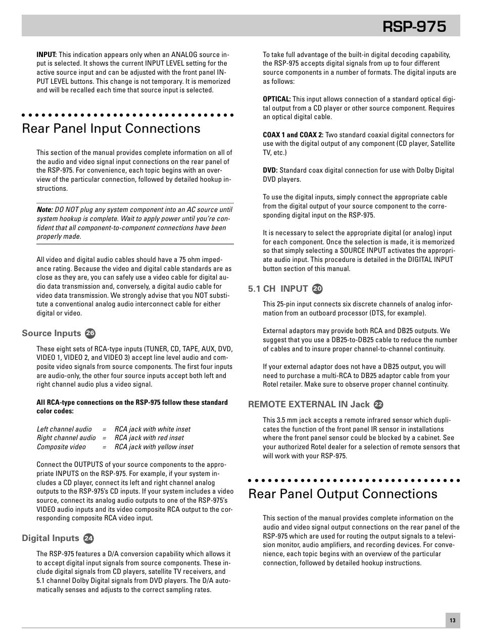 Rsp-975, Rear panel input connections, Rear panel output connections | ROTEL RSP-975 User Manual | Page 13 / 16