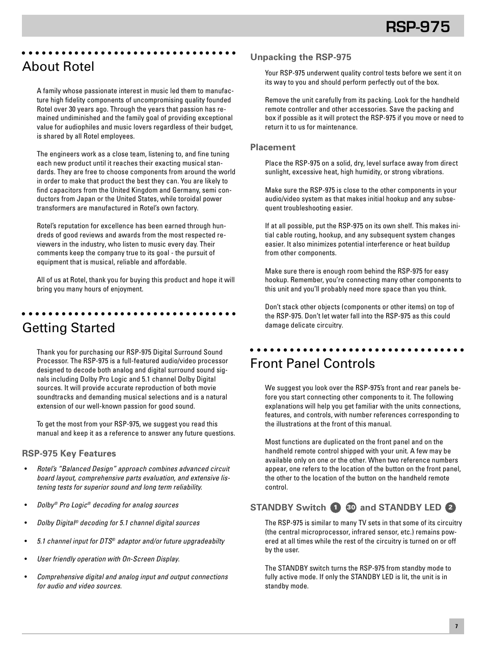 Rsp-975, About rotel, Getting started | Front panel controls | ROTEL RSP-975 User Manual | Page 7 / 16