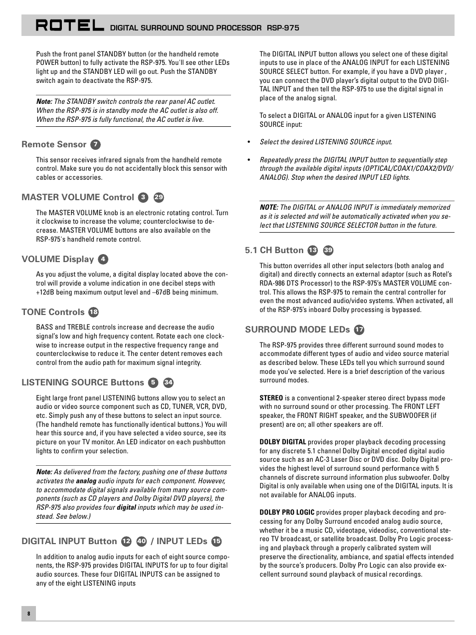 ROTEL RSP-975 User Manual | Page 8 / 16