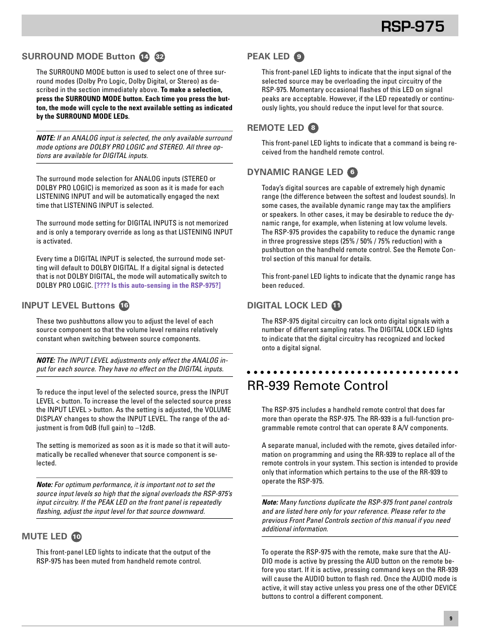 Rsp-975, Rr-939 remote control | ROTEL RSP-975 User Manual | Page 9 / 16