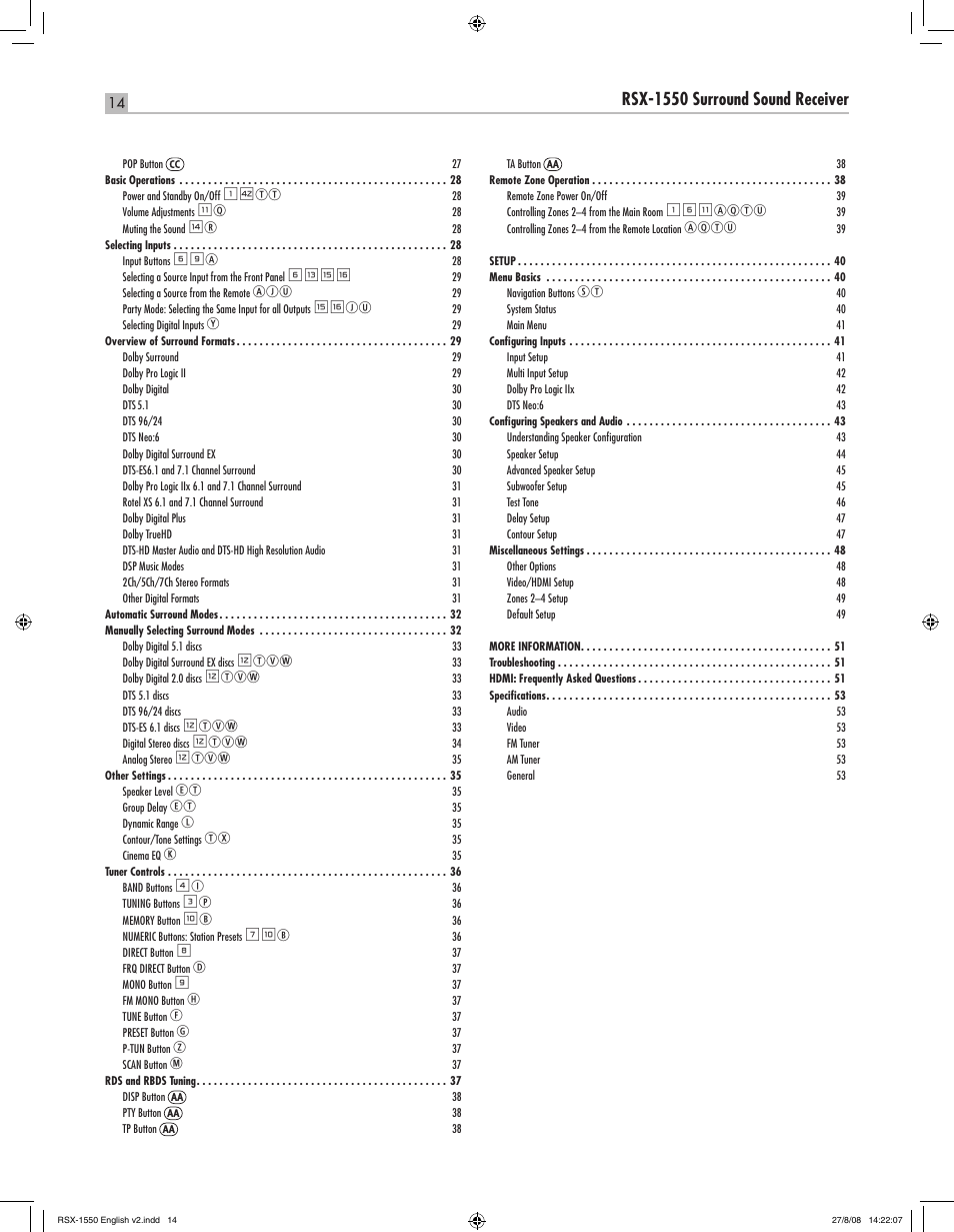 English rsx-1550 surround sound receiver, Aqtu, 1ntt | 6qer, Erju | ROTEL RSX-1550 User Manual | Page 14 / 54