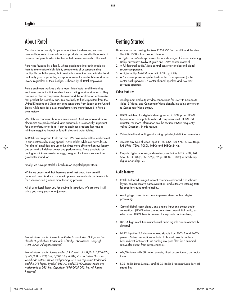 About rotel, Getting started, English rsx-1550 surround sound receiver | Video features, Audio features | ROTEL RSX-1550 User Manual | Page 15 / 54