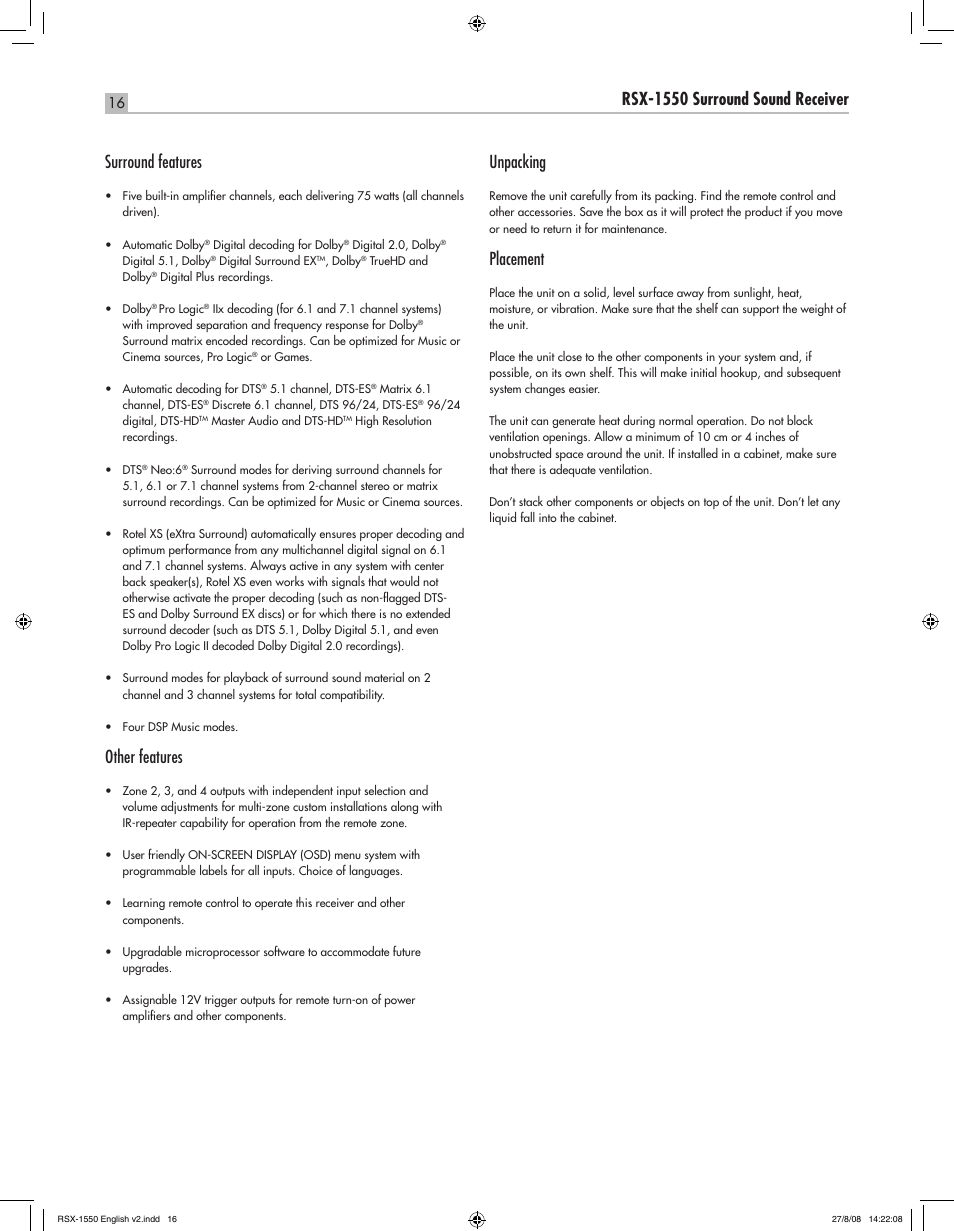 English rsx-1550 surround sound receiver, Other features, Unpacking | Placement | ROTEL RSX-1550 User Manual | Page 16 / 54