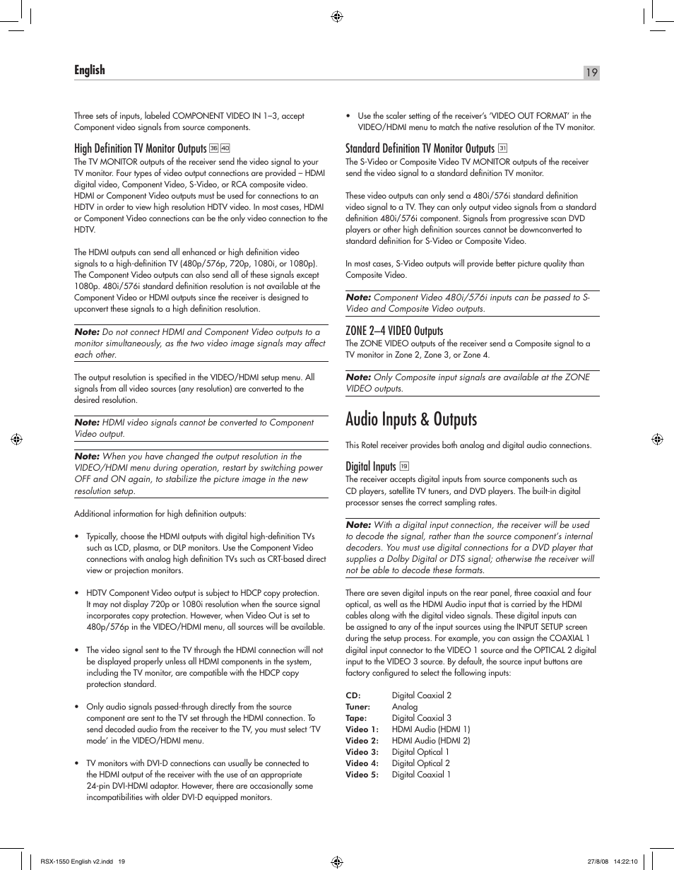 Audio inputs & outputs, English rsx-1550 surround sound receiver, High deﬁnition tv monitor outputs | Standard deﬁnition tv monitor outputs, Zone 2–4 video outputs, Digital inputs | ROTEL RSX-1550 User Manual | Page 19 / 54