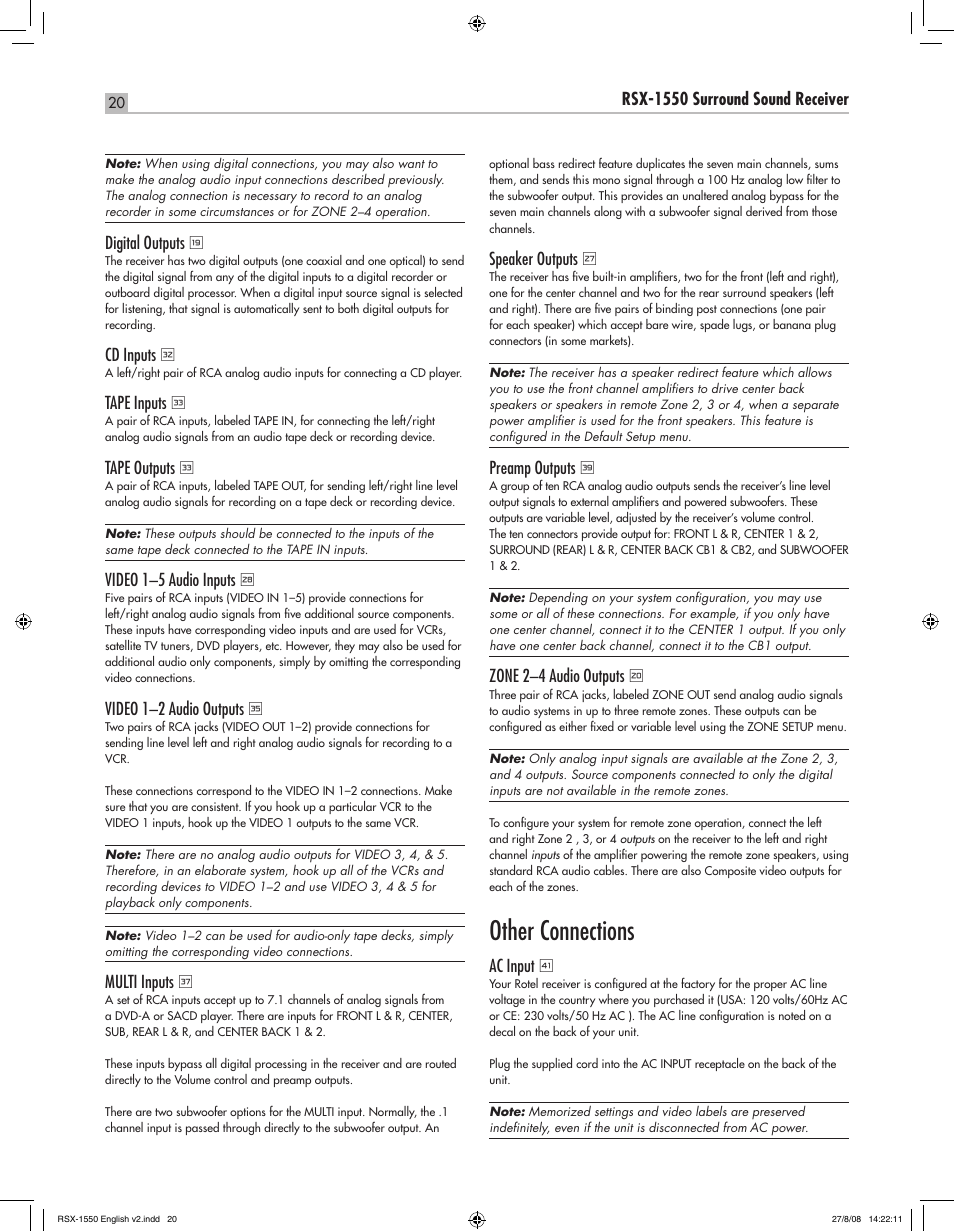 Other connections, English rsx-1550 surround sound receiver, Digital outputs | Cd inputs, Tape inputs, Tape outputs, Video 1–5 audio inputs, Video 1–2 audio outputs, Multi inputs, Speaker outputs | ROTEL RSX-1550 User Manual | Page 20 / 54