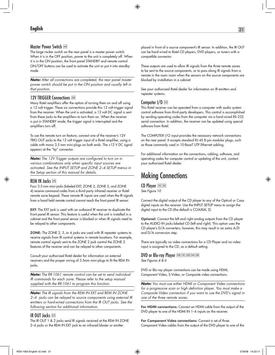 Making connections, English rsx-1550 surround sound receiver, 12v trigger connections | Rem in jacks, Ir out jacks, Computer i/o, Cd player, Dvd or blu-ray player | ROTEL RSX-1550 User Manual | Page 21 / 54